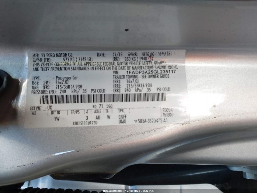 2016 Ford Focus Se VIN: 1FADP3K25GL235117 Lot: 43898308