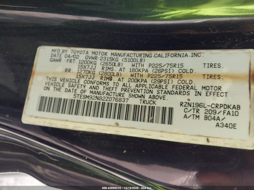 2002 Toyota Tacoma Prerunner VIN: 5TESM92N82Z076837 Lot: 43898310