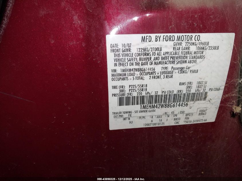 2008 Mercury Sable Premier VIN: 1MEHM42W88G612256 Lot: 43898325