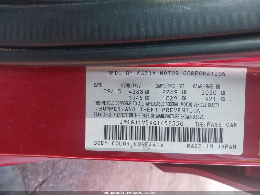 2016 Mazda Mazda6 I Touring VIN: JM1GJ1V5XG1452550 Lot: 43898334