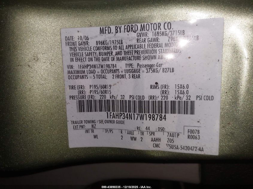 2007 Ford Focus S/Se/Ses VIN: 1FAHP34N17W198784 Lot: 43898335