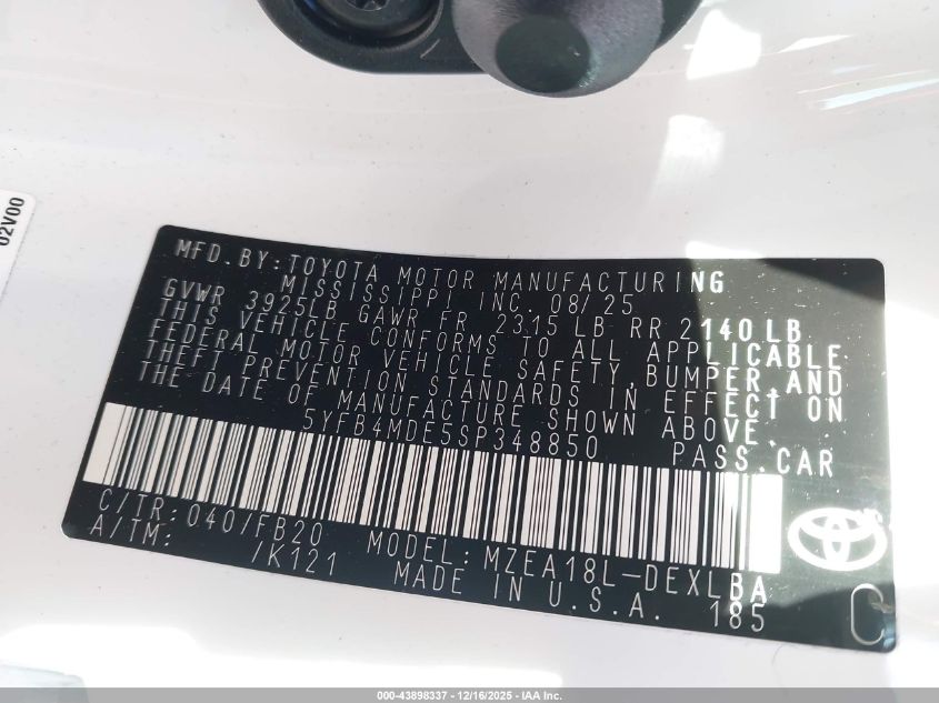 2025 Toyota Corolla Le VIN: 5YFB4MDE5SP348850 Lot: 43898337