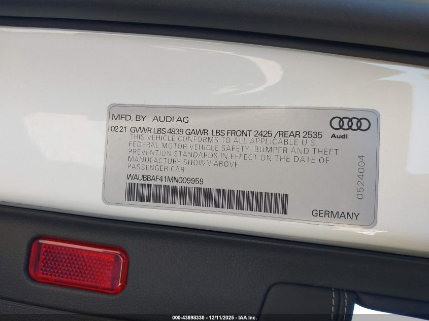 2021 Audi A4 Premium Plus 40 Tfsi Quattro S Tronic VIN: WAUBBAF41MN009959 Lot: 43898338