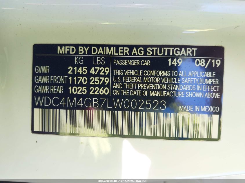 2020 Mercedes-Benz Glb 250 VIN: WDC4M4GB7LW002523 Lot: 43898340