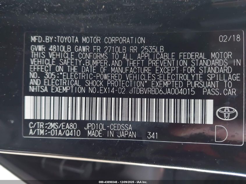 2018 Toyota Mirai VIN: JTDBVRBD6JA004015 Lot: 43898346