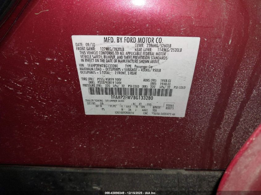 2011 Ford Taurus Limited VIN: 1FAHP2FW7BG133280 Lot: 43898349