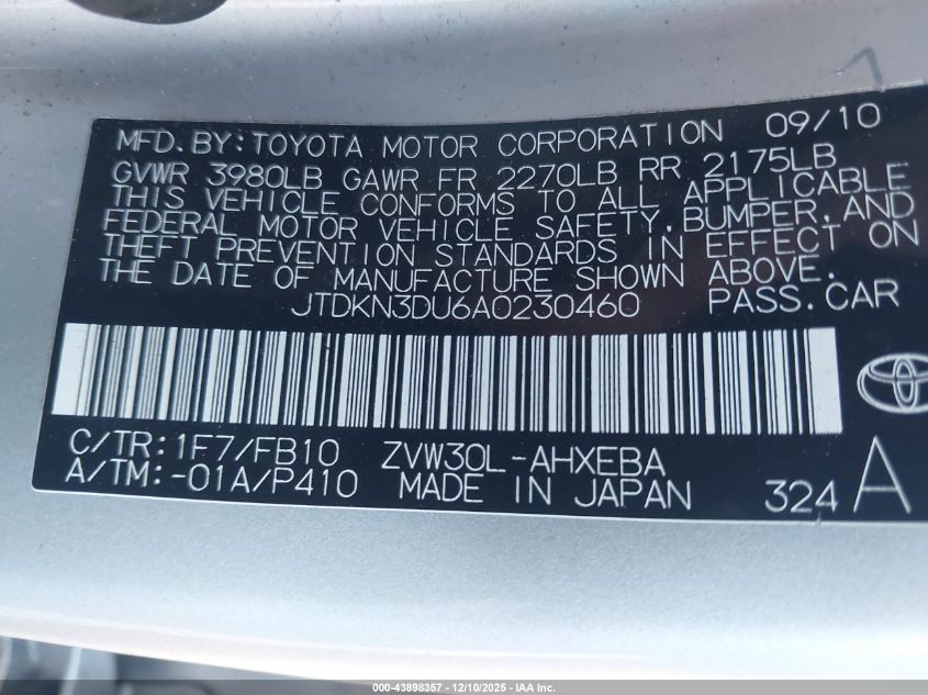 2010 Toyota Prius Ii VIN: JTDKN3DU6A0230460 Lot: 43898357