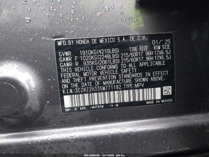 2025 Honda Hr-V Awd Lx VIN: 3CZRZ2H33SM771182 Lot: 43898358