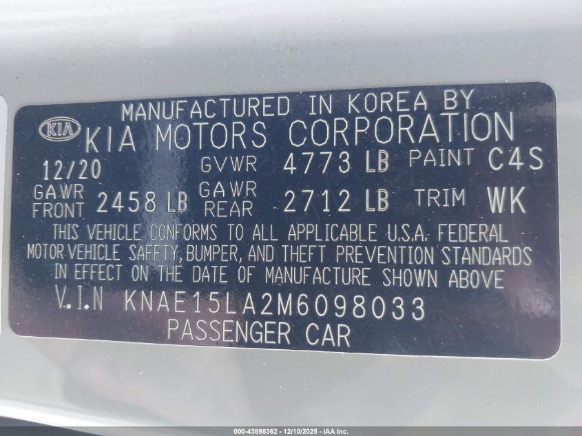 2021 Kia Stinger Gt-Line VIN: KNAE15LA2M6098033 Lot: 43898362