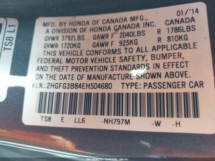 2014 Honda Civic Ex VIN: 2HGFG3B84EH504680 Lot: 43898375