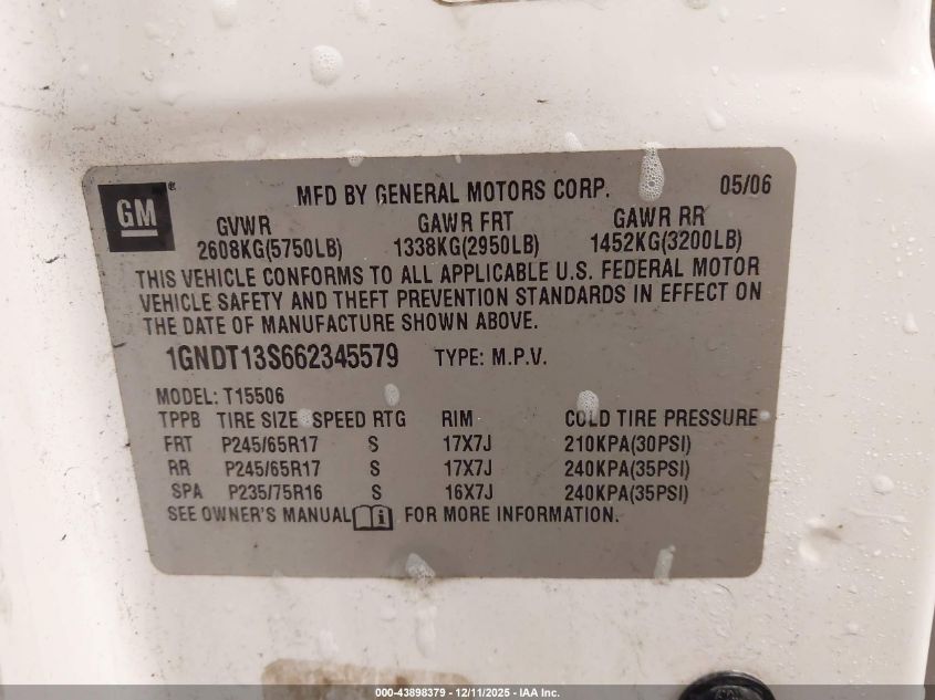 2006 Chevrolet Trailblazer Ls VIN: 1GNDT13S662345579 Lot: 43898379