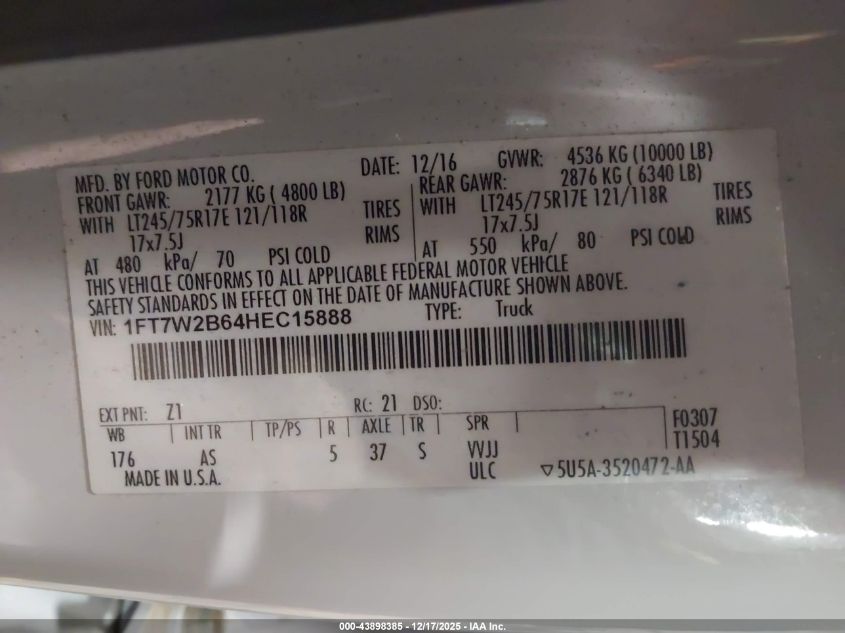 2017 Ford F-250 Xl VIN: 1FT7W2B64HEC15888 Lot: 43898385