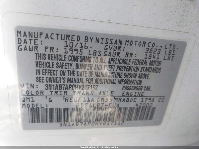 2017 Nissan Sentra S VIN: 3N1AB7AP0HY217152 Lot: 43898386