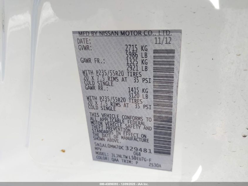 2013 Infiniti Jx35 VIN: 5N1AL0MM7DC329481 Lot: 43898393