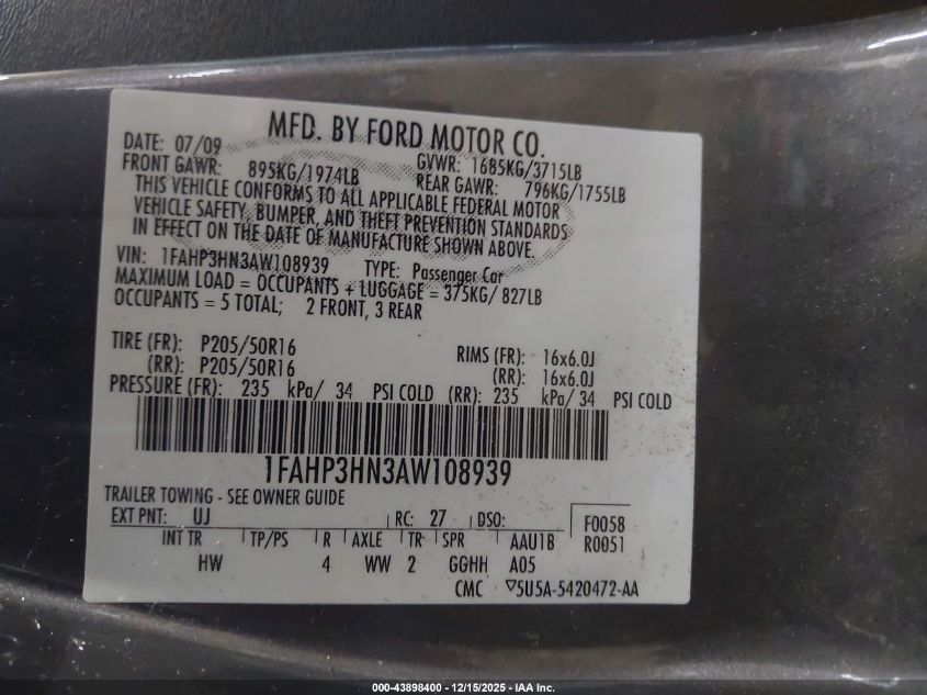 2010 Ford Focus Sel VIN: 1FAHP3HN3AW108939 Lot: 43898400