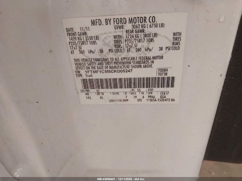 2012 Ford F-150 Xl VIN: 1FTMF1CM5CKD05247 Lot: 43898401