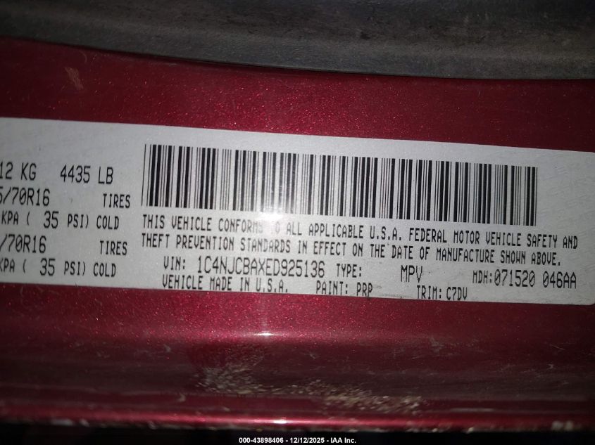 2014 Jeep Compass Sport VIN: 1C4NJCBAXED925136 Lot: 43898406