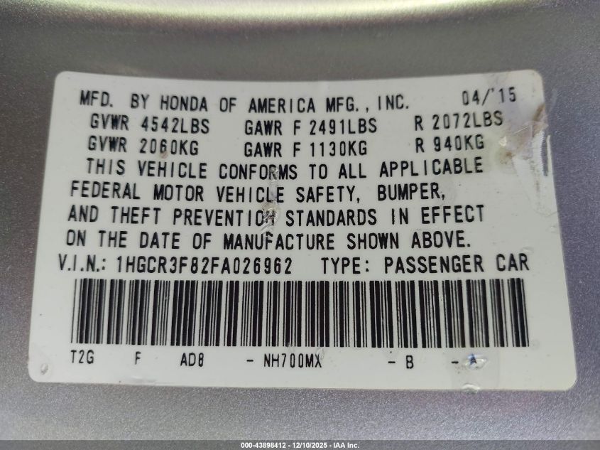 2015 Honda Accord Ex-L V-6 VIN: 1HGCR3F82FA026962 Lot: 43898412