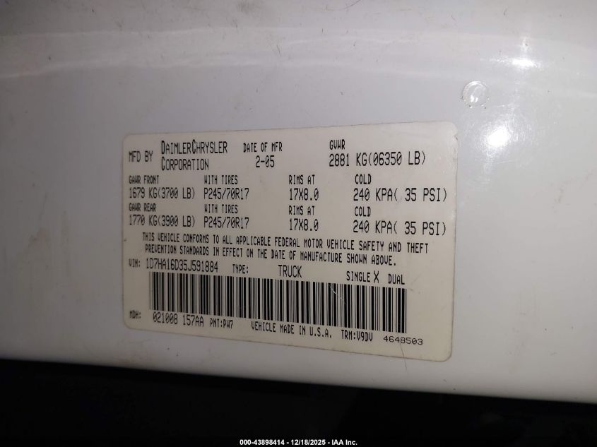 2005 Dodge Ram 1500 Slt/Laramie VIN: 1D7HA16D35J591884 Lot: 43898414