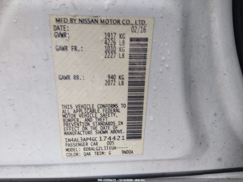 2016 Nissan Altima VIN: 1N4AL3AP4GC174421 Lot: 43898419