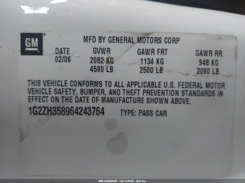 2006 Pontiac G6 Gt VIN: 1G2ZH358964243764 Lot: 43898429