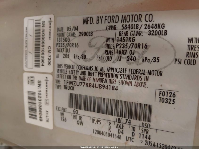 2004 Ford Explorer Sport Trac Adrenalin/Xls/Xlt VIN: 1FMZU77K84UB94184 Lot: 43898434