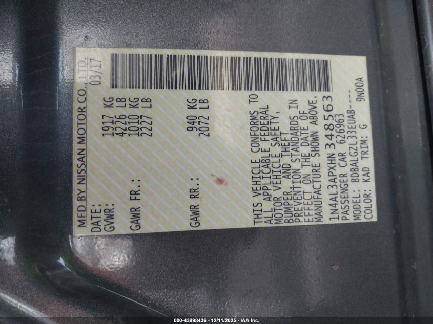 2017 Nissan Altima 2.5 S VIN: 1N4AL3APXHN348563 Lot: 43898436