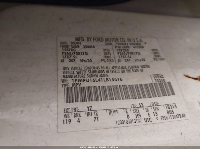 2001 Ford Expedition Xlt VIN: 1FMPU16L41LB15576 Lot: 43898438