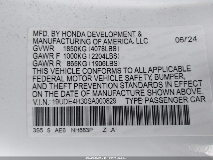 2025 Acura Integra A-Spec VIN: 19UDE4H30SA000829 Lot: 43898439