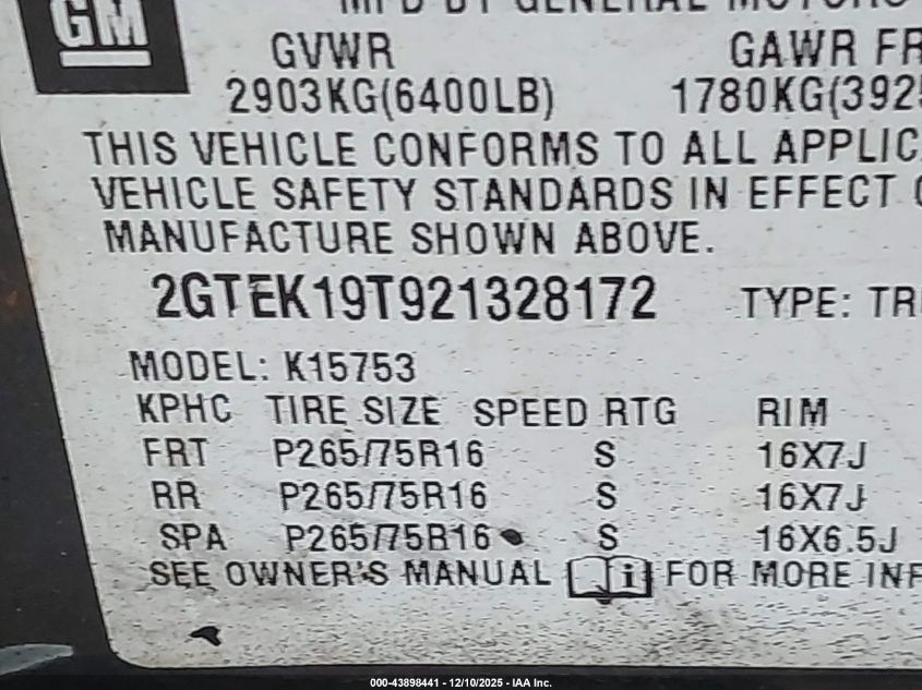 2002 GMC Sierra 1500 Sle VIN: 2GTEK19T921328172 Lot: 43898441