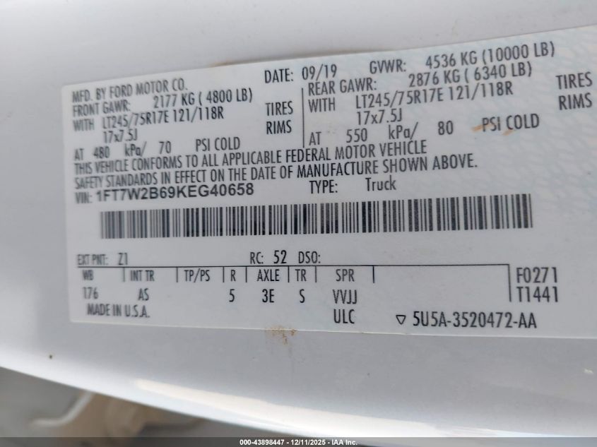 2019 Ford F-250 Xl VIN: 1FT7W2B69KEG40658 Lot: 43898447