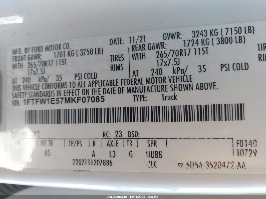 2021 Ford F-150 Xl VIN: 1FTFW1E57MKF07085 Lot: 43898449