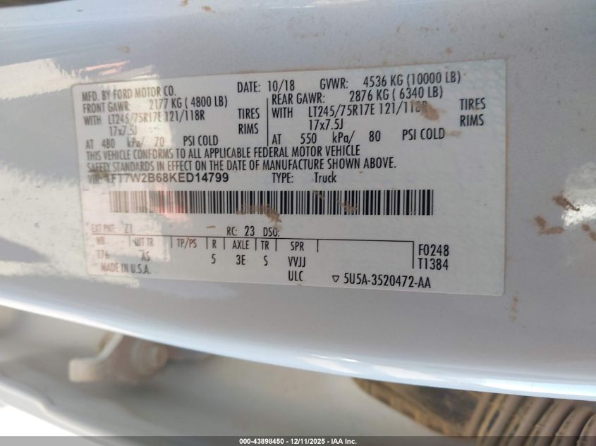 2019 Ford F-250 Xl VIN: 1FT7W2B68KED14799 Lot: 43898450
