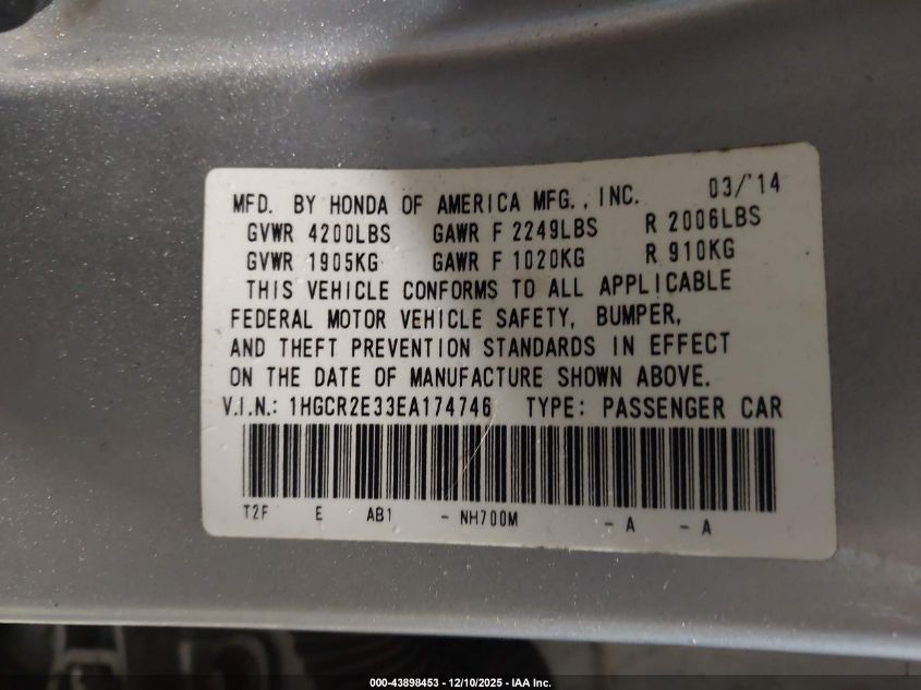 2014 Honda Accord Lx VIN: 1HGCR2E33EA174746 Lot: 43898453