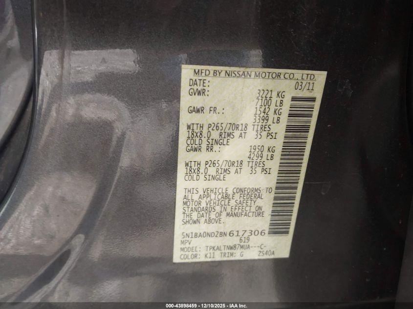 2011 Nissan Armada Sv VIN: 5N1BA0ND2BN617306 Lot: 43898459