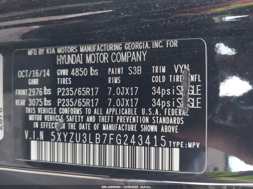 2015 Hyundai Santa Fe Sport 2.4L VIN: 5XYZU3LB7FG243415 Lot: 43898464