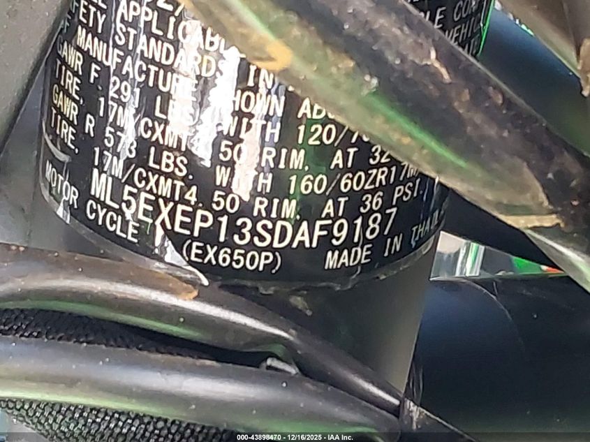 2025 Kawasaki Ex650 P VIN: ML5EXEP13SDAF9187 Lot: 43898470