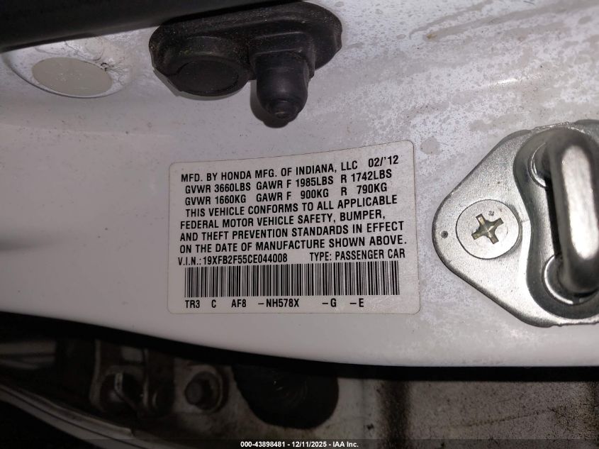 2012 Honda Civic Lx VIN: 19XFB2F55CE044008 Lot: 43898481