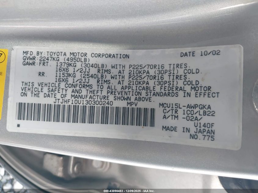 2003 Lexus Rx 300 VIN: JTJHF10U130300240 Lot: 43898483