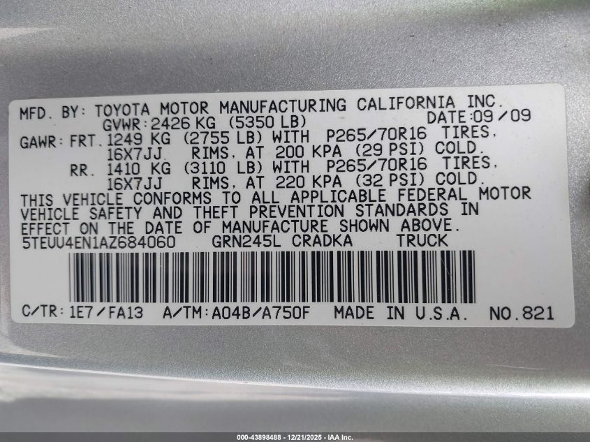 2010 Toyota Tacoma Base V6 VIN: 5TEUU4EN1AZ684060 Lot: 43898488