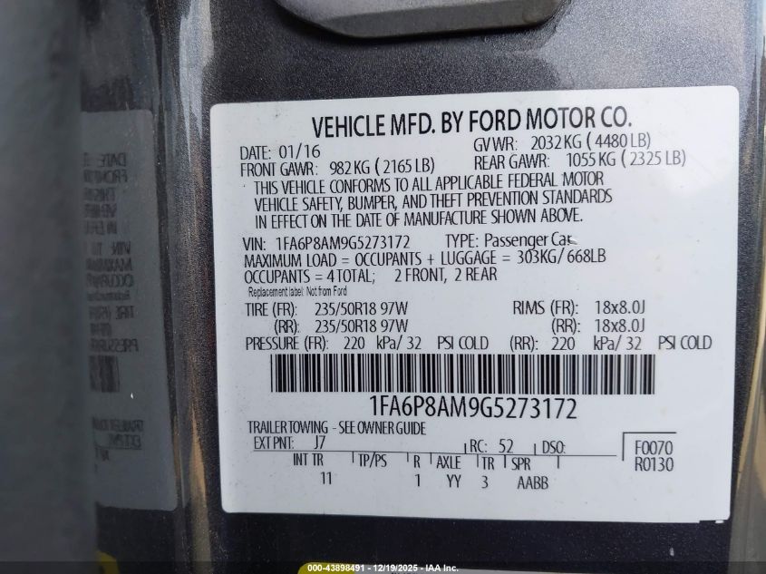 2016 Ford Mustang V6 VIN: 1FA6P8AM9G5273172 Lot: 43898491