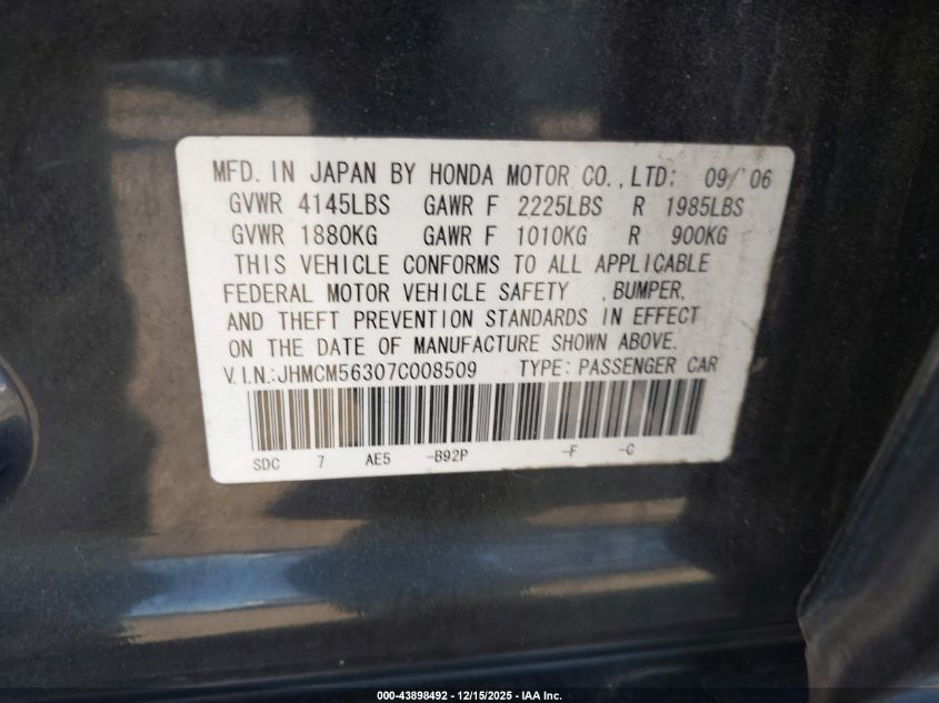 2007 Honda Accord 2.4 Se VIN: JHMCM56307C008509 Lot: 43898492