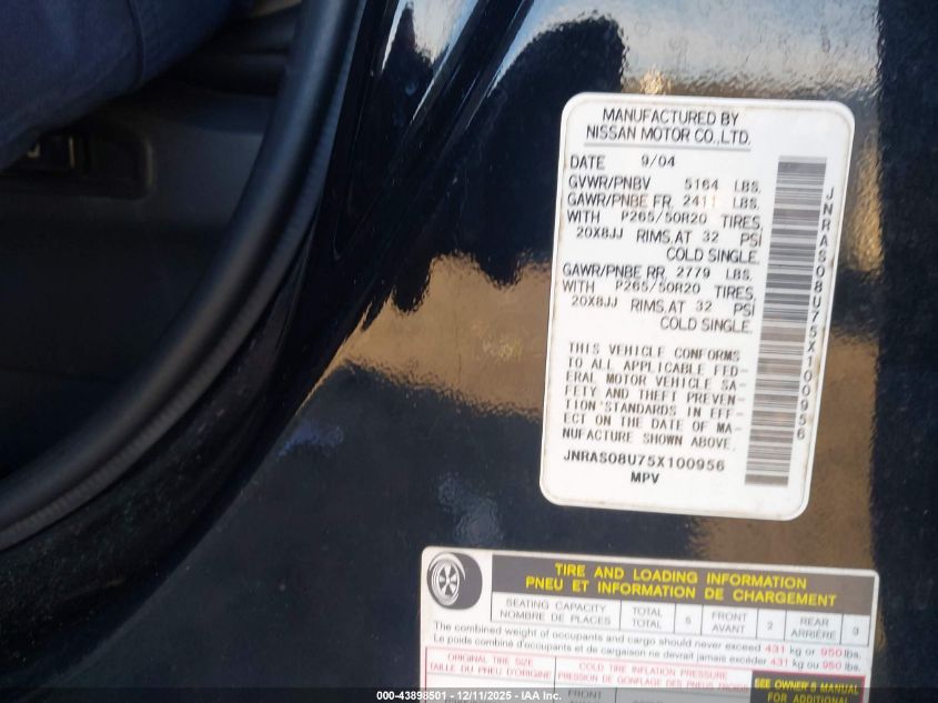 2005 Infiniti Fx35 VIN: JNRAS08U75X100956 Lot: 43898501