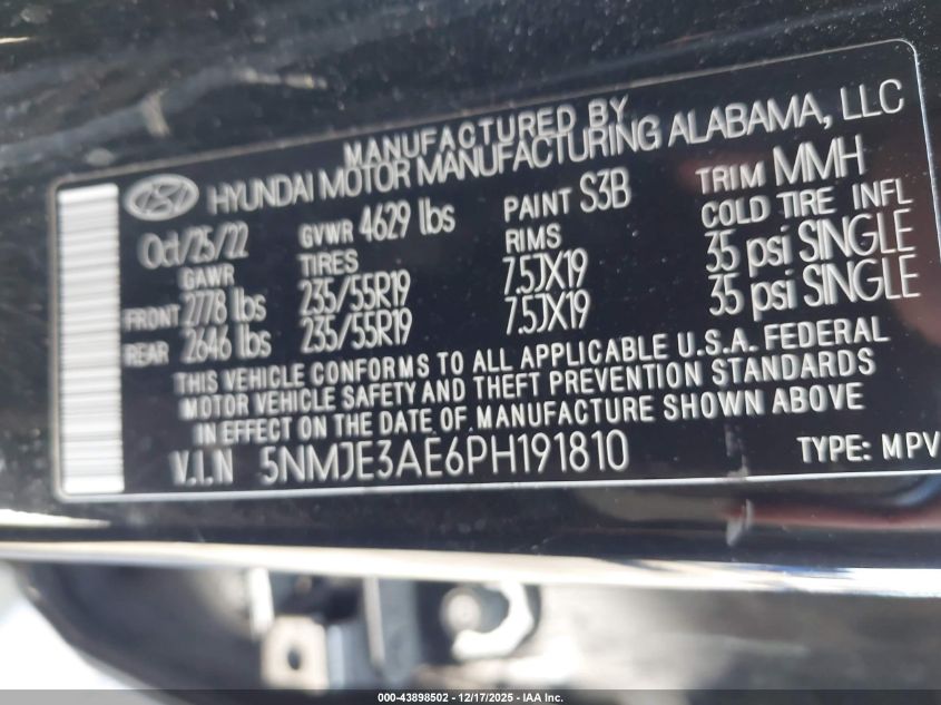 2023 Hyundai Tucson Limited VIN: 5NMJE3AE6PH191810 Lot: 43898502