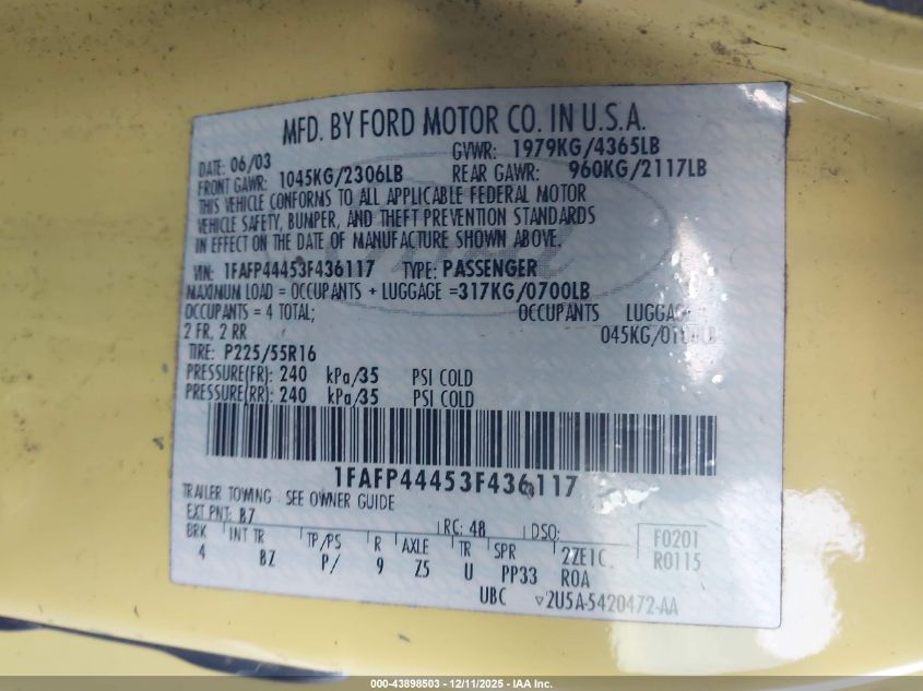 2003 Ford Mustang VIN: 1FAFP44453F436117 Lot: 43898503