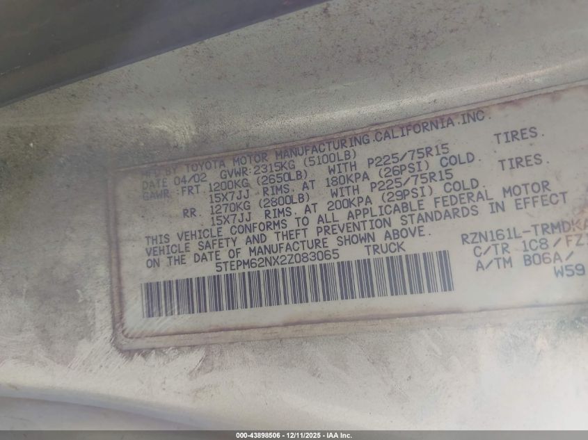 2002 Toyota Tacoma VIN: 5TEPM62NX2Z083065 Lot: 43898506