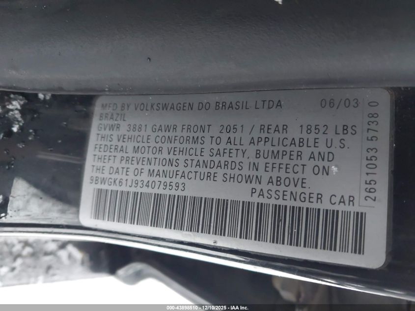 2003 Volkswagen Golf Gls 2.0L VIN: 9BWGK61J934079593 Lot: 43898510