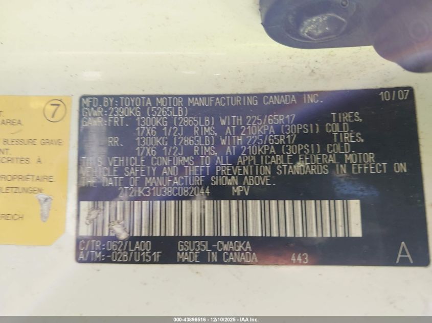 2008 Lexus Rx 350 VIN: 2T2HK31U38C082044 Lot: 43898516