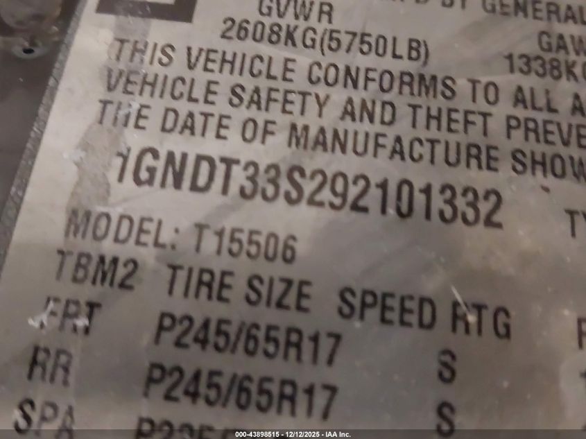 2009 Chevrolet Trailblazer Lt VIN: 1GNDT33S292101332 Lot: 43898515