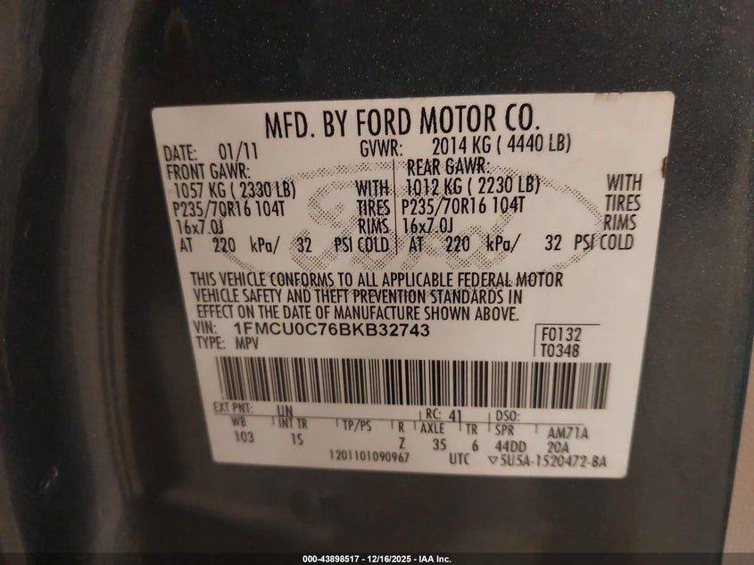 2011 Ford Escape Xls VIN: 1FMCU0C76BKB32743 Lot: 43898517